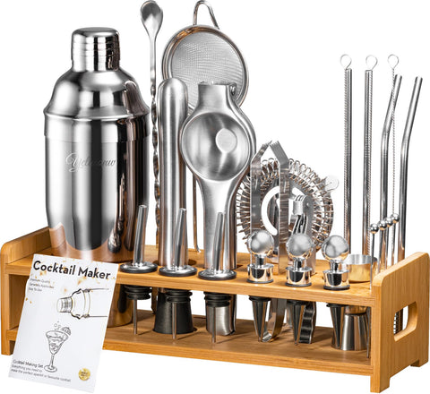 Yelusonw set de cocteles 26 piezas con soporte, ideal para coctelería en casa.