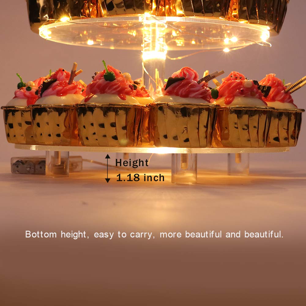 YestBuy exhibidor de postres acrílico con iluminación suave.