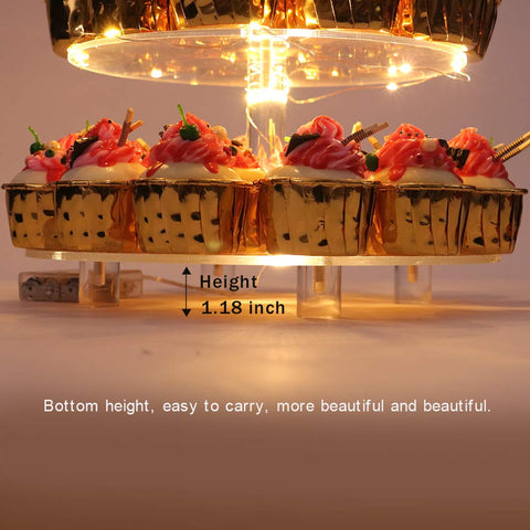 YestBuy exhibidor de postres acrílico con iluminación suave.