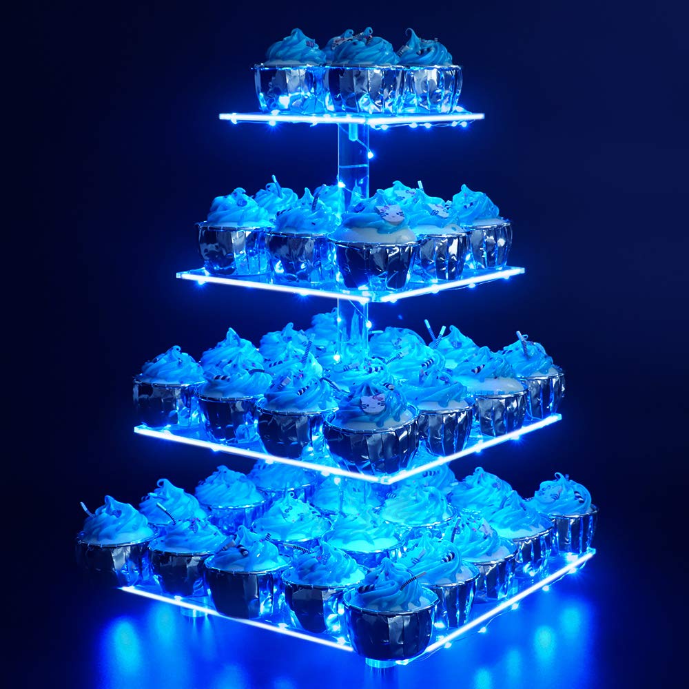 YestBuy porta cupcakes acrílico 4 niveles azul, exhibición elegante para postres.