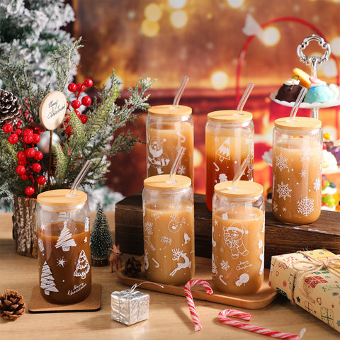 Yetene copa de cristal con motivos invernales, Santa y copos de nieve, ideal para bebidas calientes