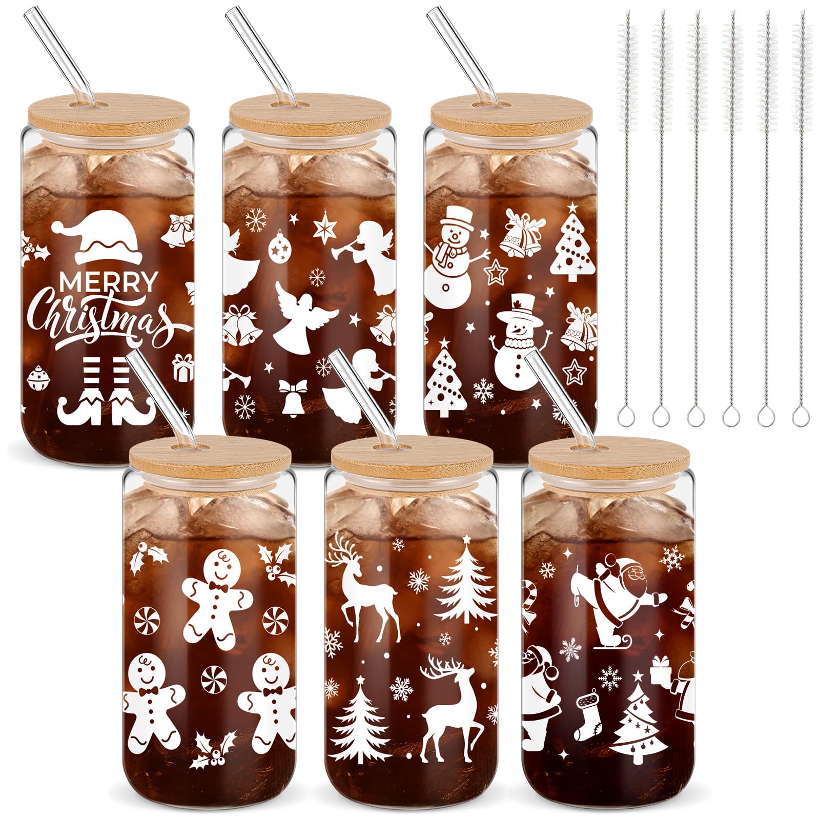 Yetene copas navideñas de vidrio 16 onzas con tapa de bambú para bebidas festivas.