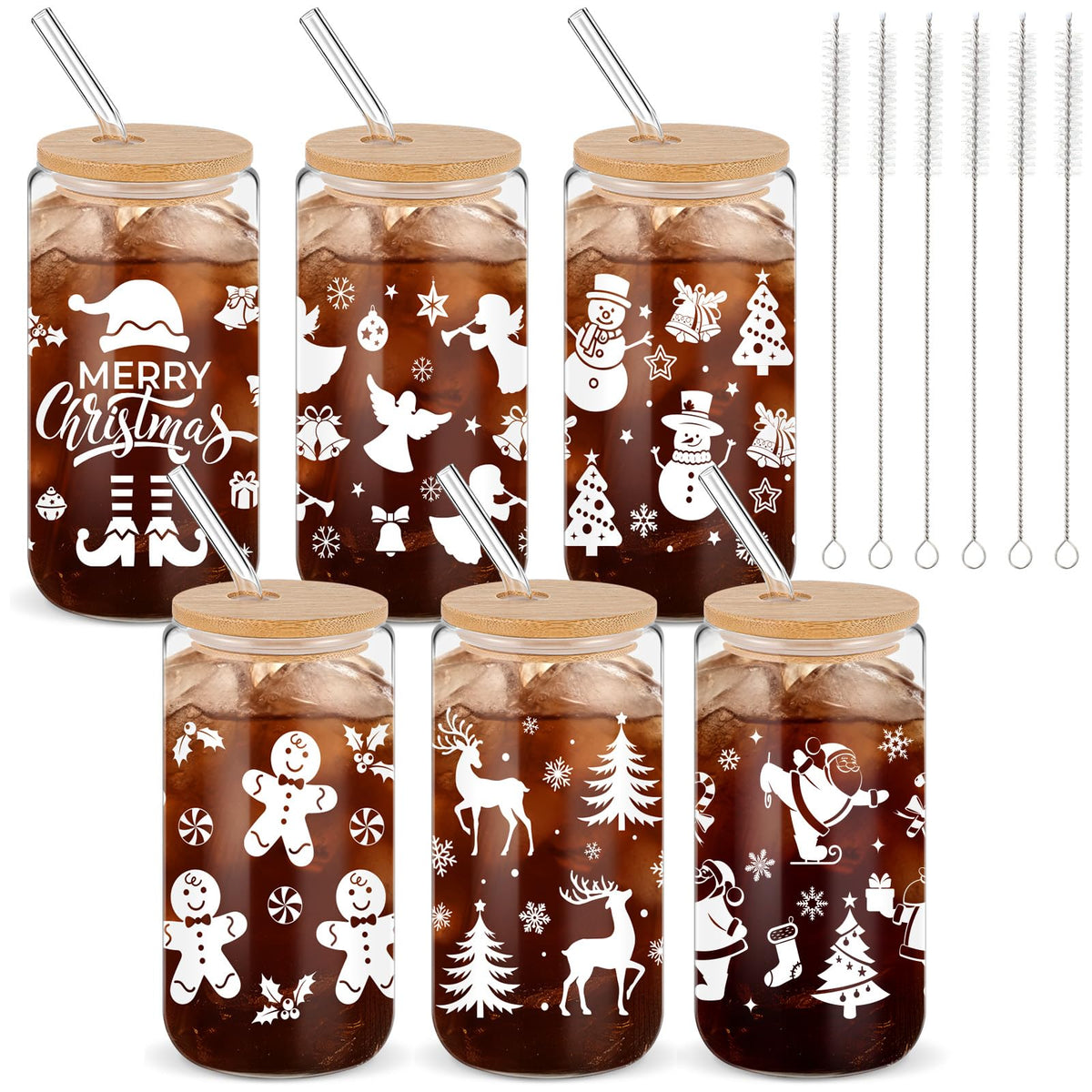 Yetene copas navideñas de vidrio 16 onzas con tapa de bambú para bebidas festivas.