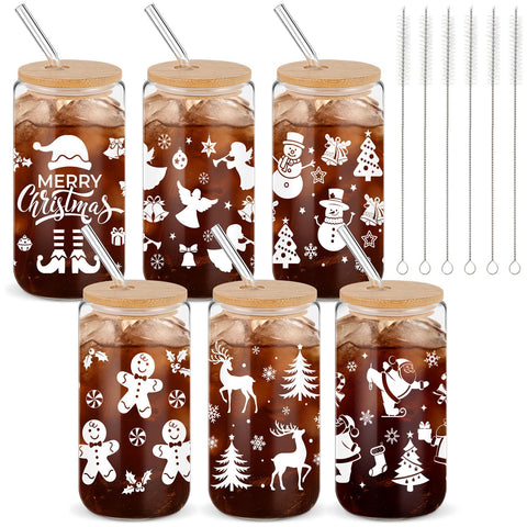 Yetene copas navideñas de vidrio 16 onzas con tapa de bambú para bebidas festivas.