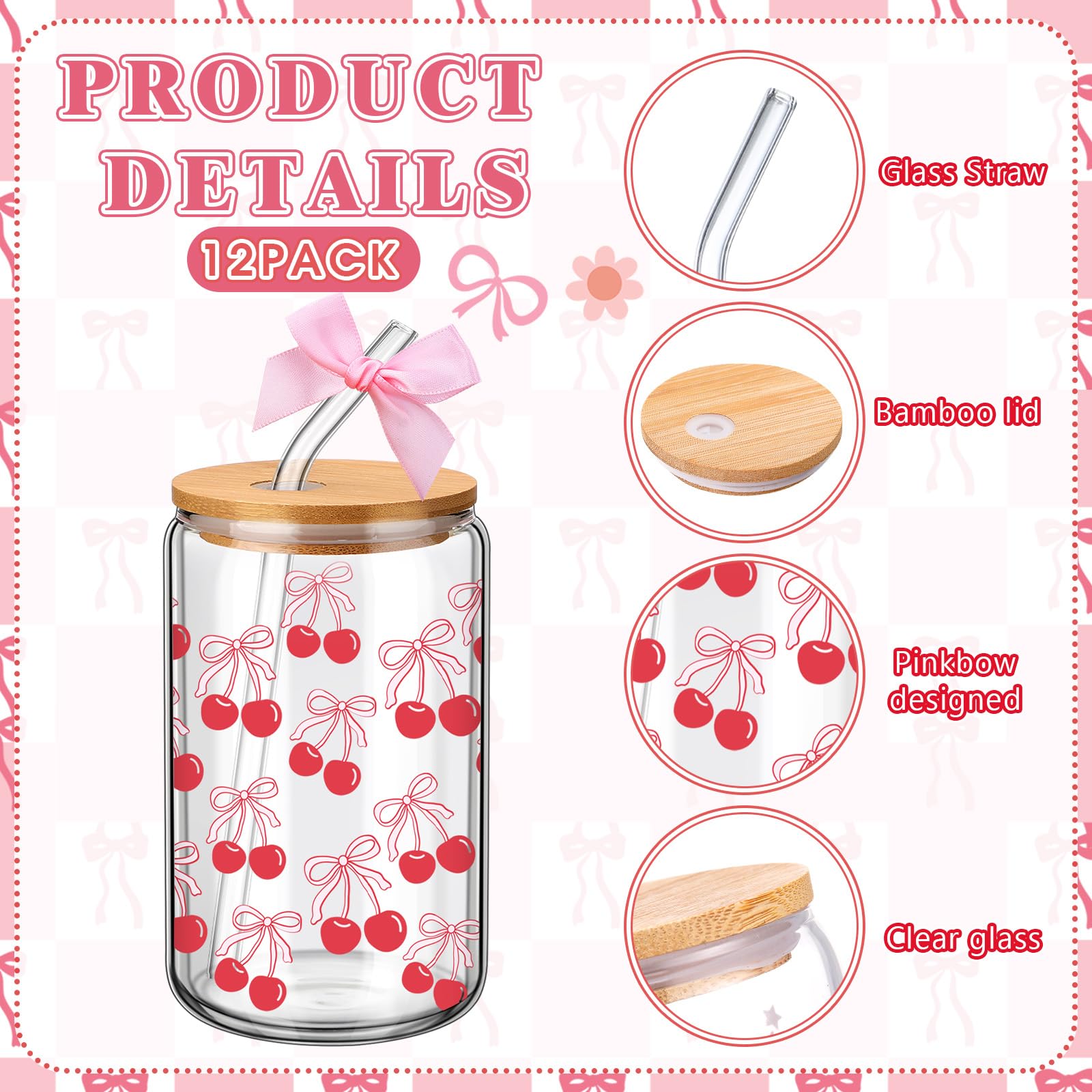 Yetene vasos de cristal rosa con pajilla incluida para beber con estilo.