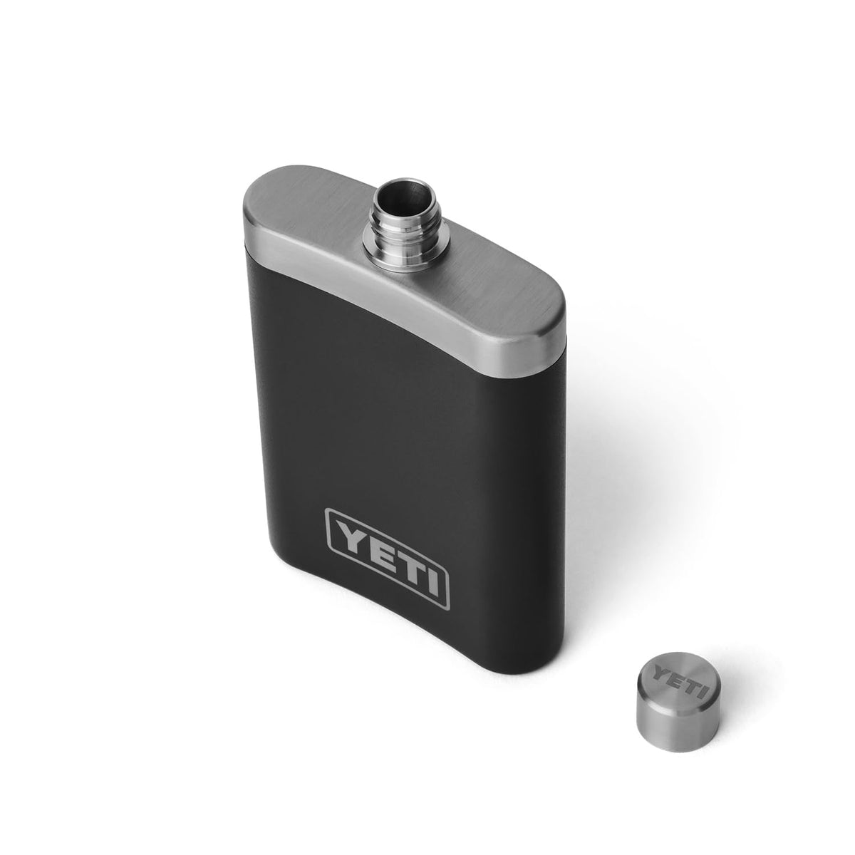 Frasco YETI de 7 oz negro con embudo, ideal para rellenar sin derrames.