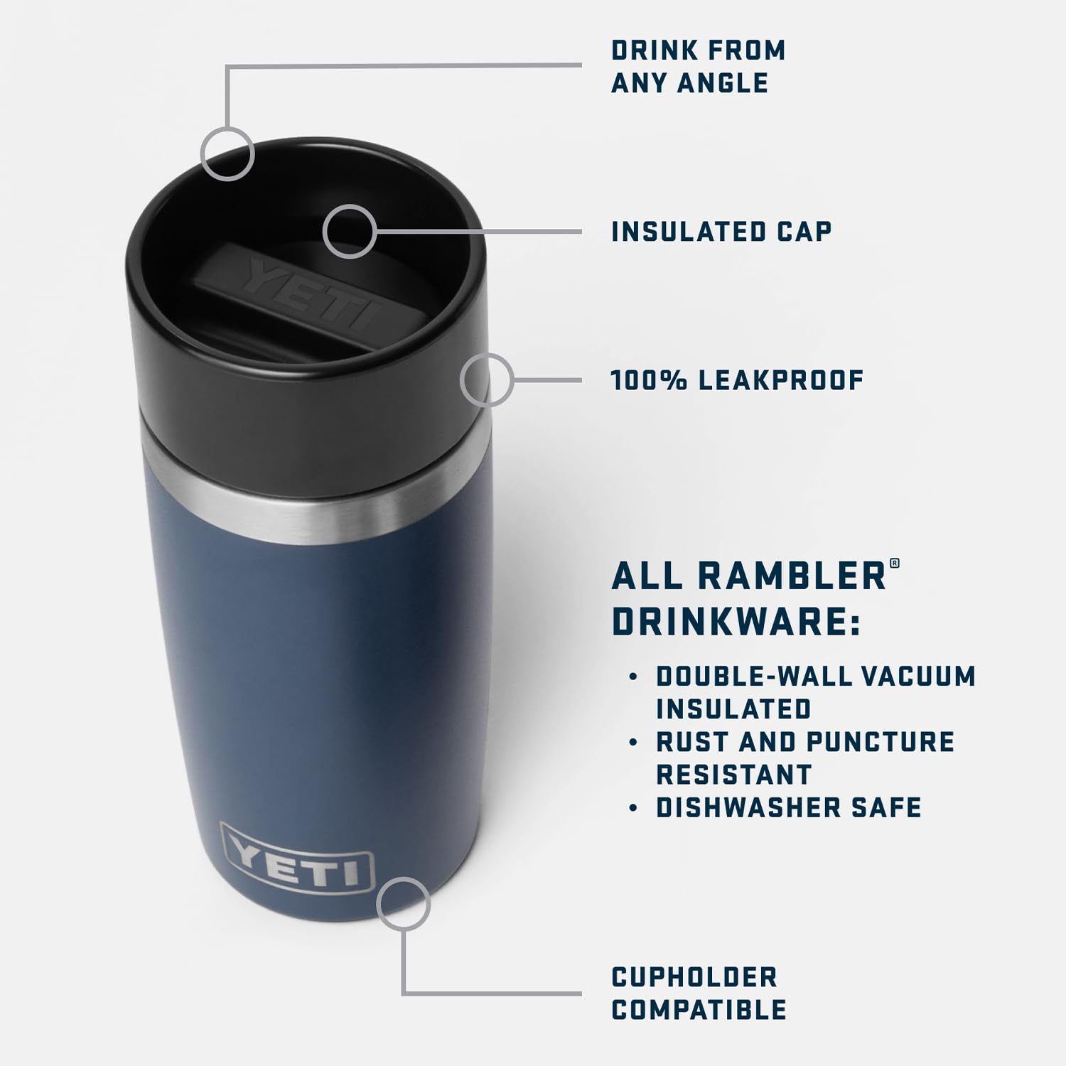 Tapa 360° hermética de la YETI Rambler 12oz evita fugas en cualquier ángulo.