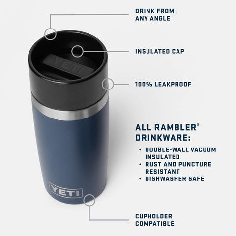 Tapa 360° hermética de la YETI Rambler 12oz evita fugas en cualquier ángulo.