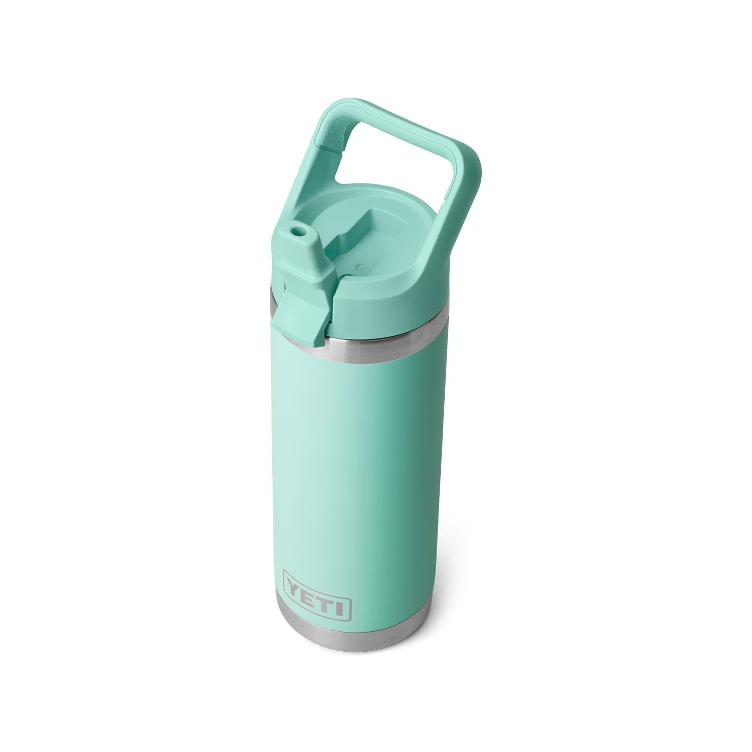 YETI Rambler 18 oz, frontal color verde agua, perfecta para uso diario.