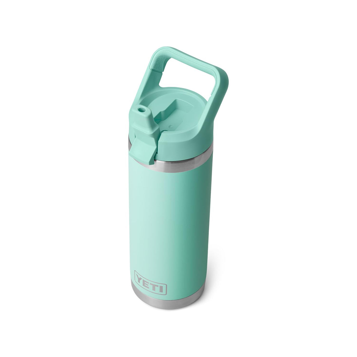 YETI Rambler 18 oz, frontal color verde agua, perfecta para uso diario.