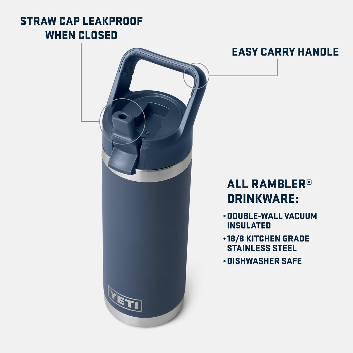 YETI Rambler 18 oz con cuerpo de acero inoxidable resistente para uso diario.