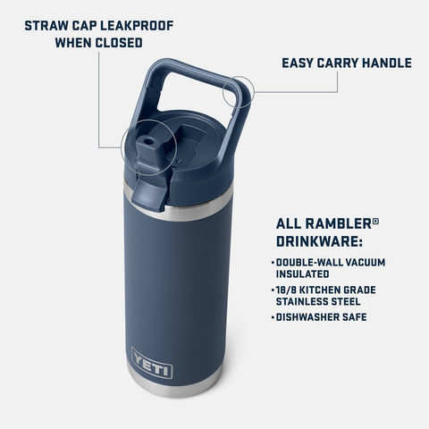 YETI Rambler 18 oz con cuerpo de acero inoxidable resistente para uso diario.