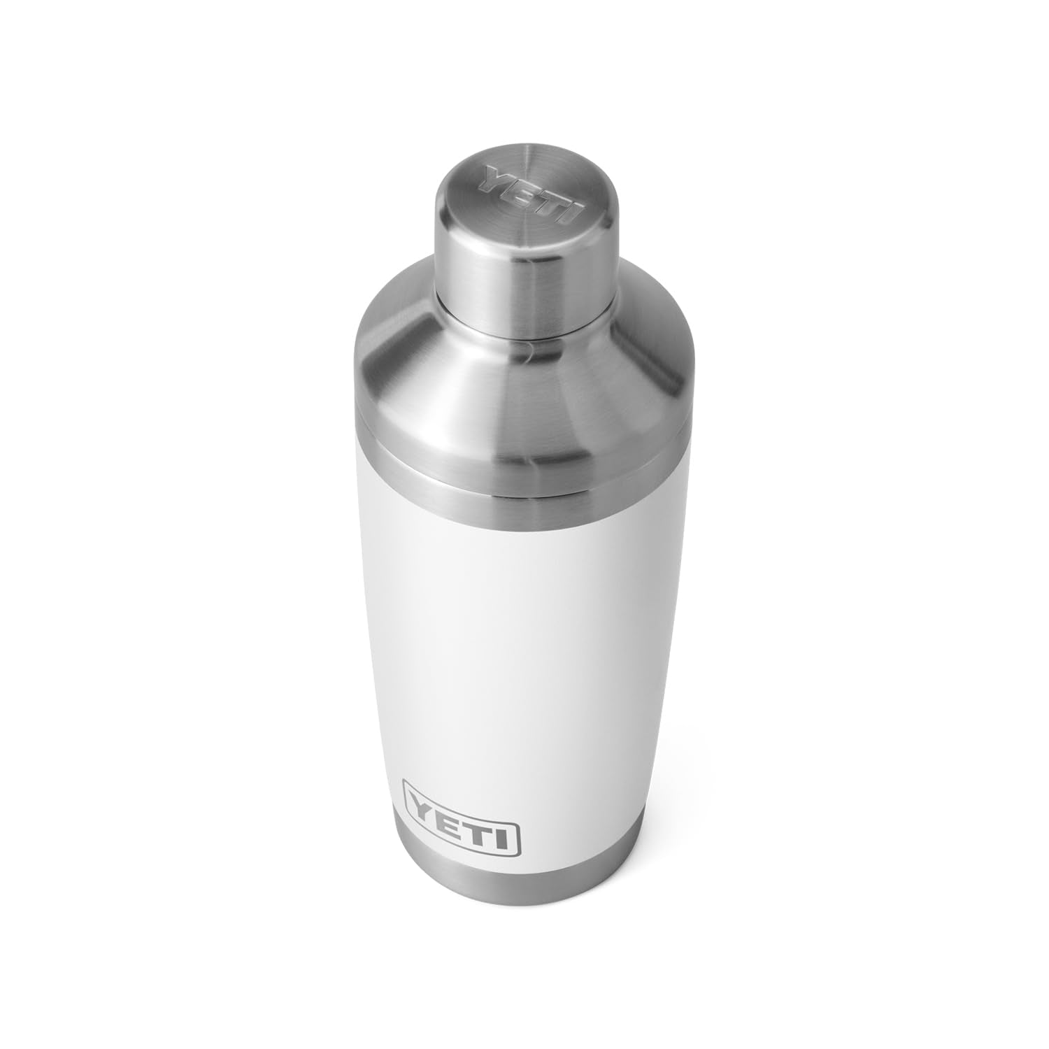 YETI Rambler coctelera blanco sin sudor, agarre seco para bebidas frías.