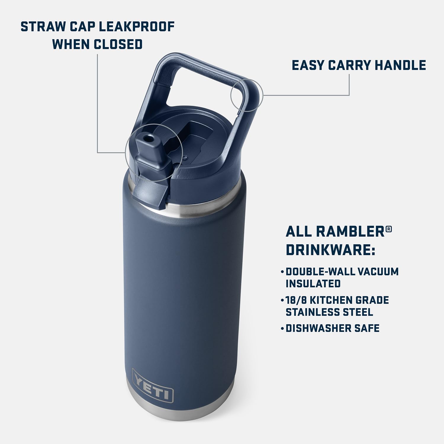 YETI Rambler 26 oz, tapa con pajilla, cierre seguro para sorbos fáciles.
