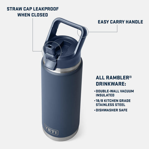 YETI Rambler 26 oz, tapa con pajilla, cierre seguro para sorbos fáciles.