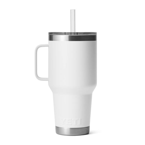 YETI Rambler 35 oz vaso blanco con manija, diseño limpio para oficina.