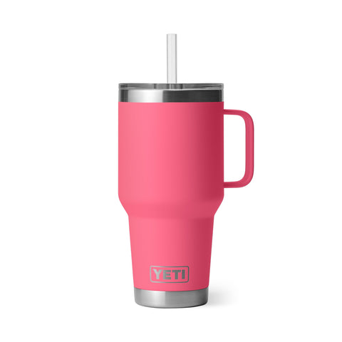 YETI Rambler 35 oz con asa y tapa pajilla en rosa tropical, listo para uso diario.