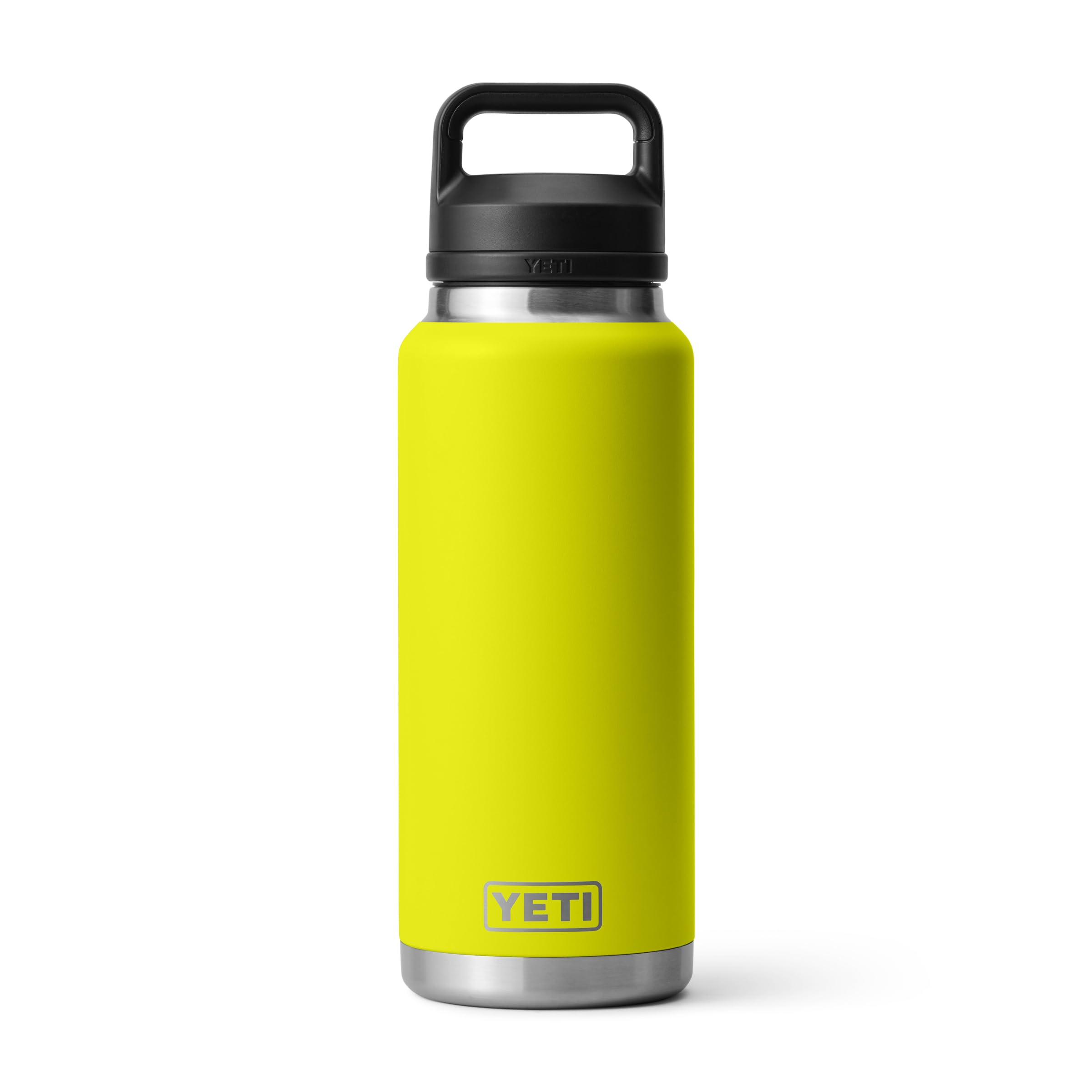YETI Rambler 36 oz, botella amarilla luciérnaga, vista frontal y práctica.