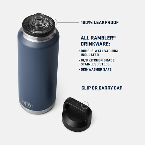 Botella YETI Rambler 46 oz con aislamiento al vacío en acero inoxidable.