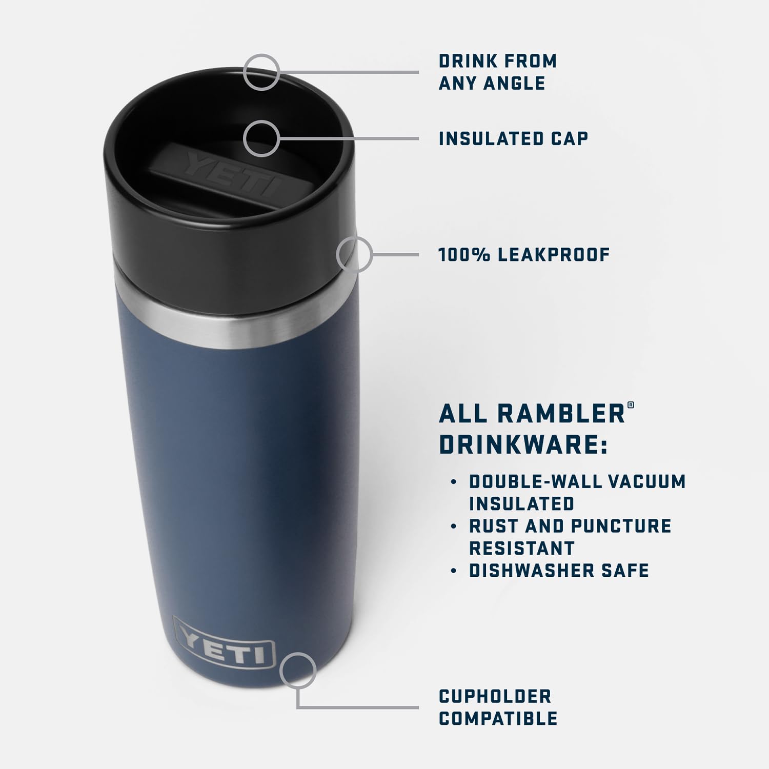 La YETI Rambler en acero inoxidable 18-8, resistente a golpes y corrosión.