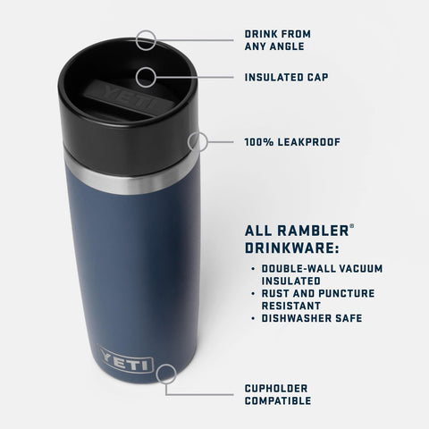La YETI Rambler en acero inoxidable 18-8, resistente a golpes y corrosión.