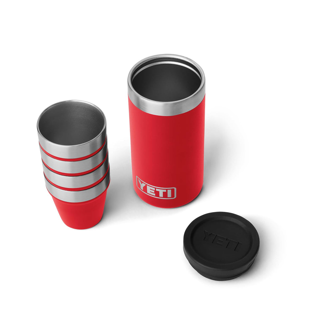 Vasos de chupito YETI con estuche rojo rescate para viaje seguro.