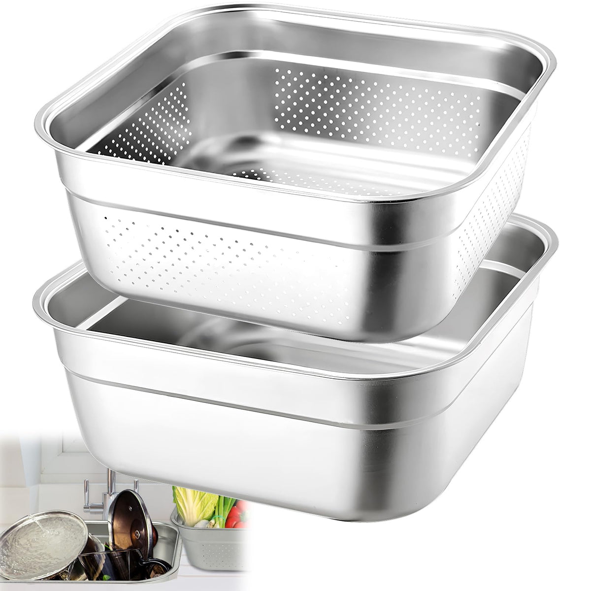 YEXEXINM 2 en 1 cuenco de lavado cuadrado con colador, ideal para alimentos.
