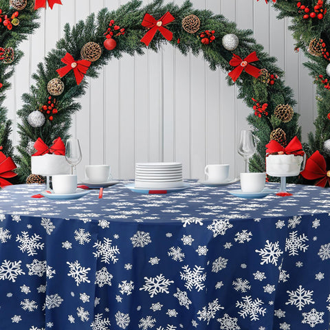 Mantel invernal azul y blanco para interiores y exteriores.