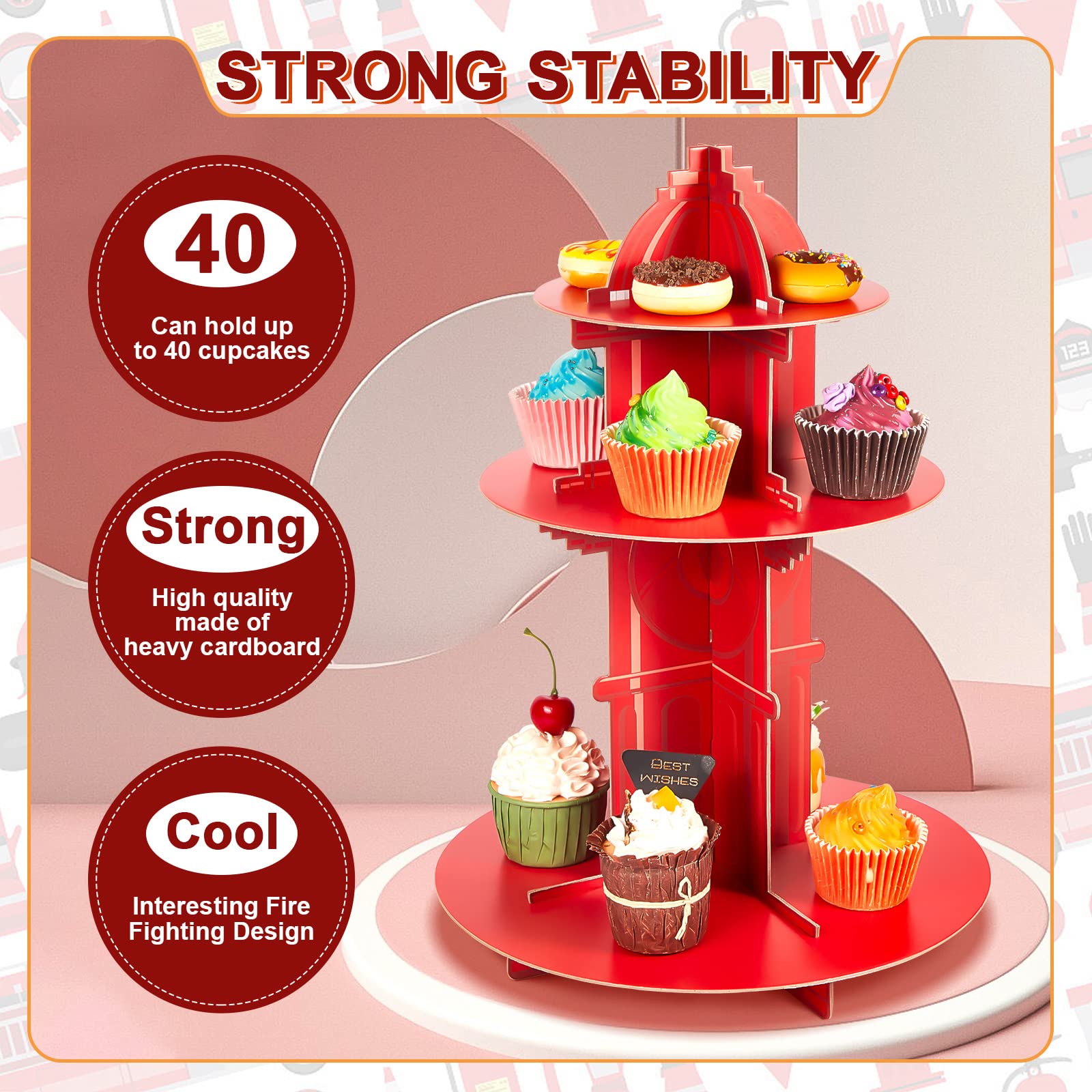Yexiya hidrante cupcake tres niveles con medidas para organizar la mesa de postres.