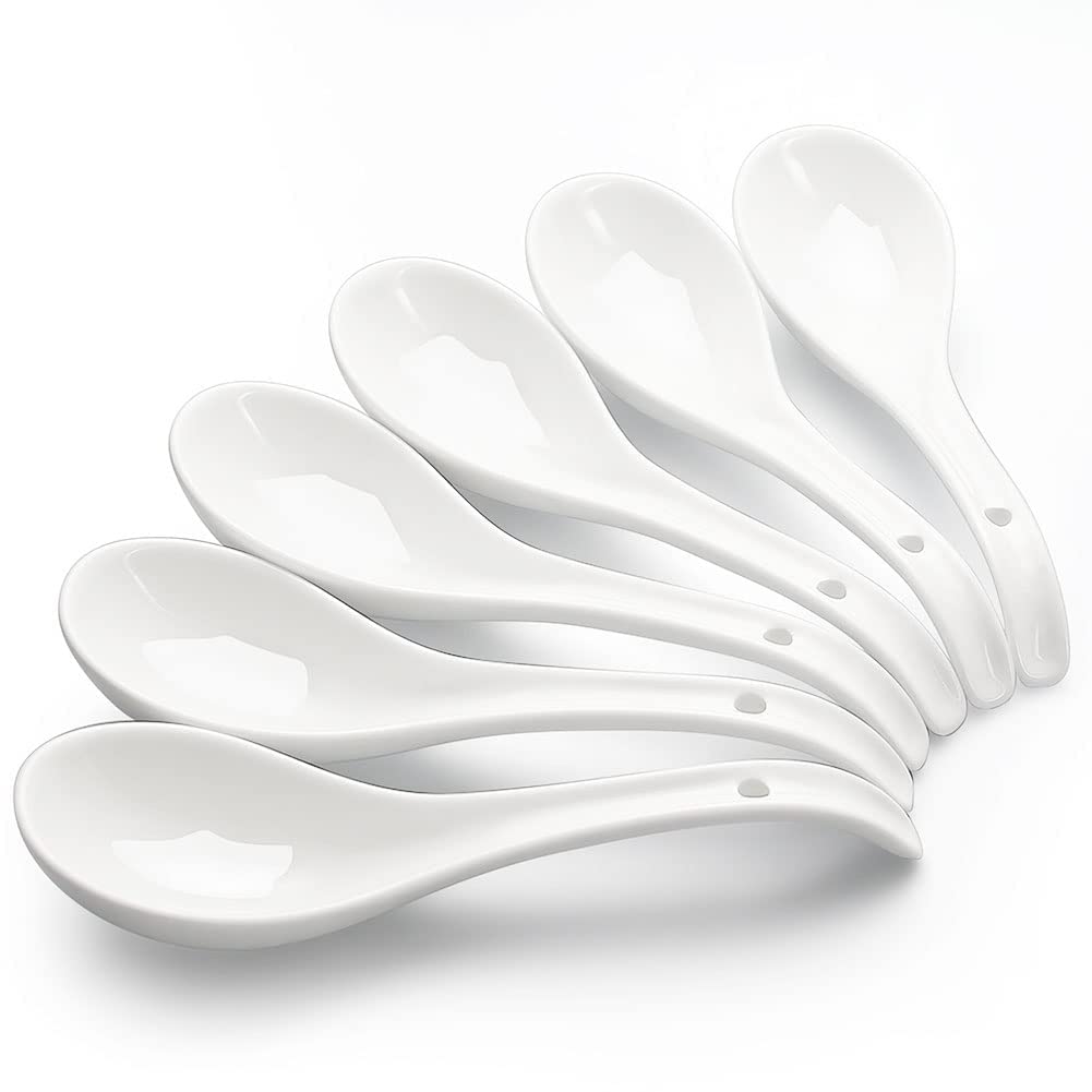 Cucharas de sopa cerámicas blancas de YFWOOD, juego de 6, ideales para ramen y pho.
