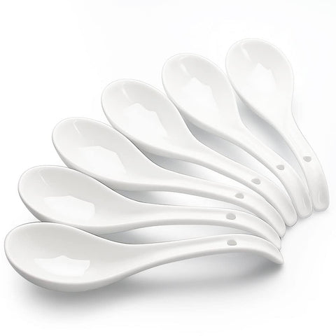 Cucharas de sopa cerámicas blancas de YFWOOD, juego de 6, ideales para ramen y pho.