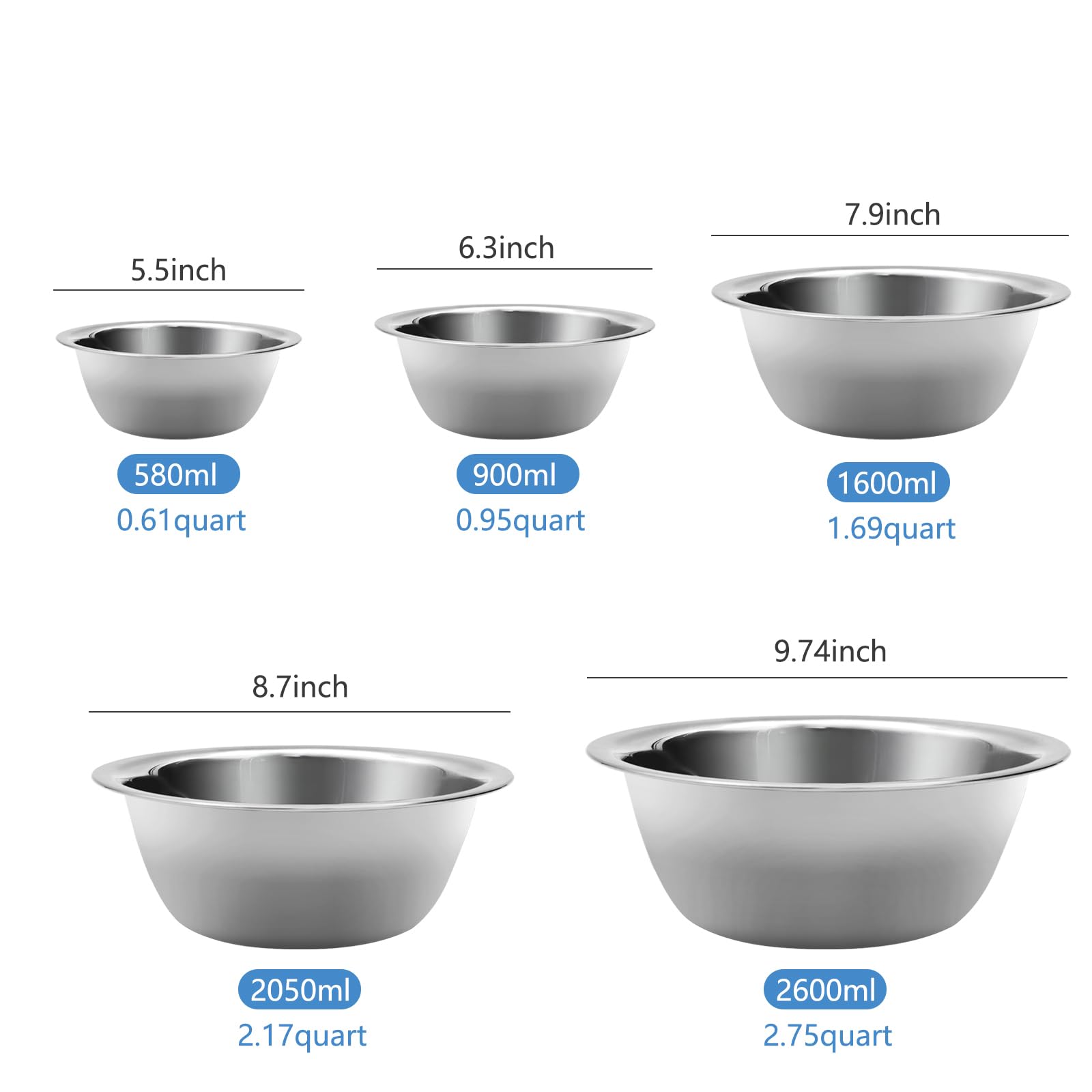 YGFRSTO tazón de mezcla acero inoxidable 2,17 qt, resistente para cocinar y servir.