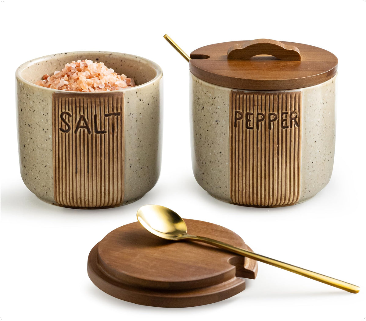 YHOJOY cerámica de sal y pimienta con tapa y cucharas, práctico para cocinar
