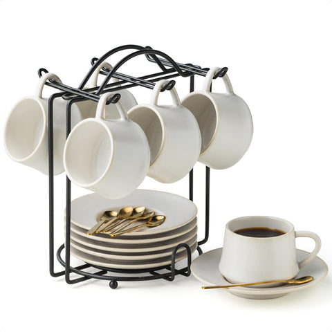 Conjunto YHOSSEUN de tazas espresso con platillos y soporte metalico para exhibicion