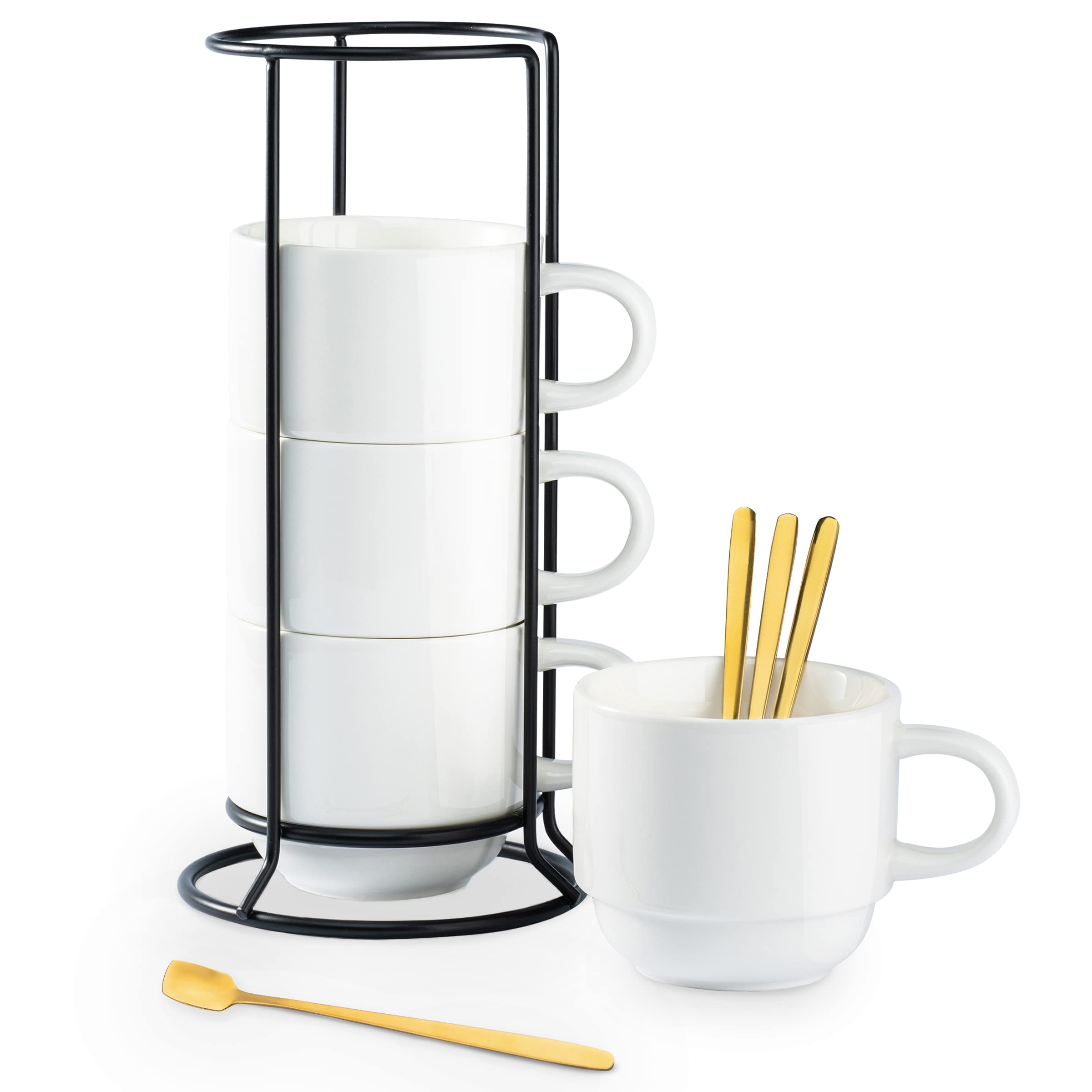 Tazas de porcelana YHOSSEUN 4 piezas con soporte metálico, ideales para servicio diario.