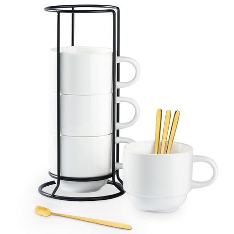 Tazas de porcelana YHOSSEUN 4 piezas con soporte metálico, ideales para servicio diario.