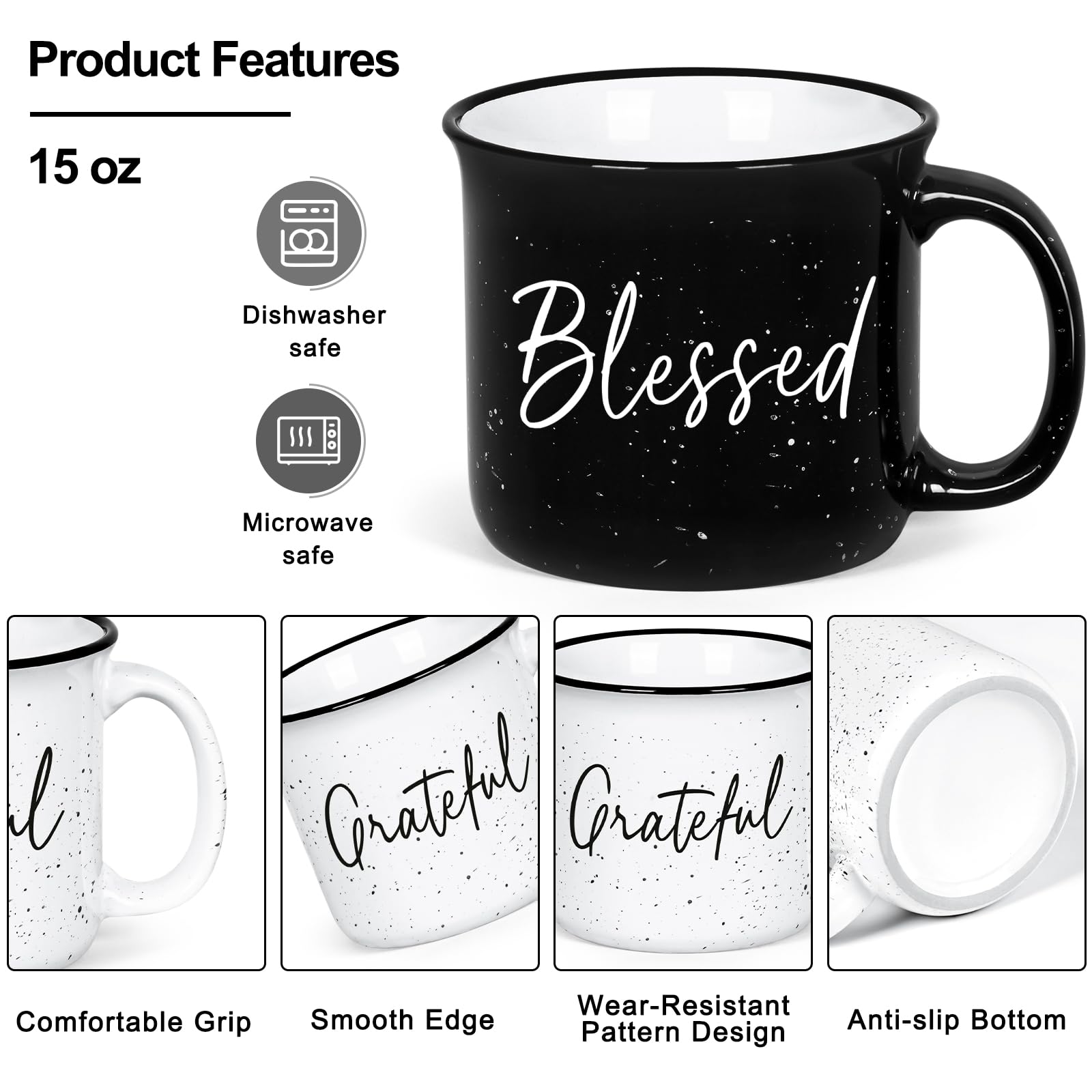 Taza de 15 onzas YHRJWN Grateful Blessed con gran capacidad
