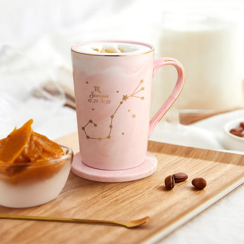 Taza YHRJWN escorpio conjunto regalo, incluye cuchara y posavasos para regalo.