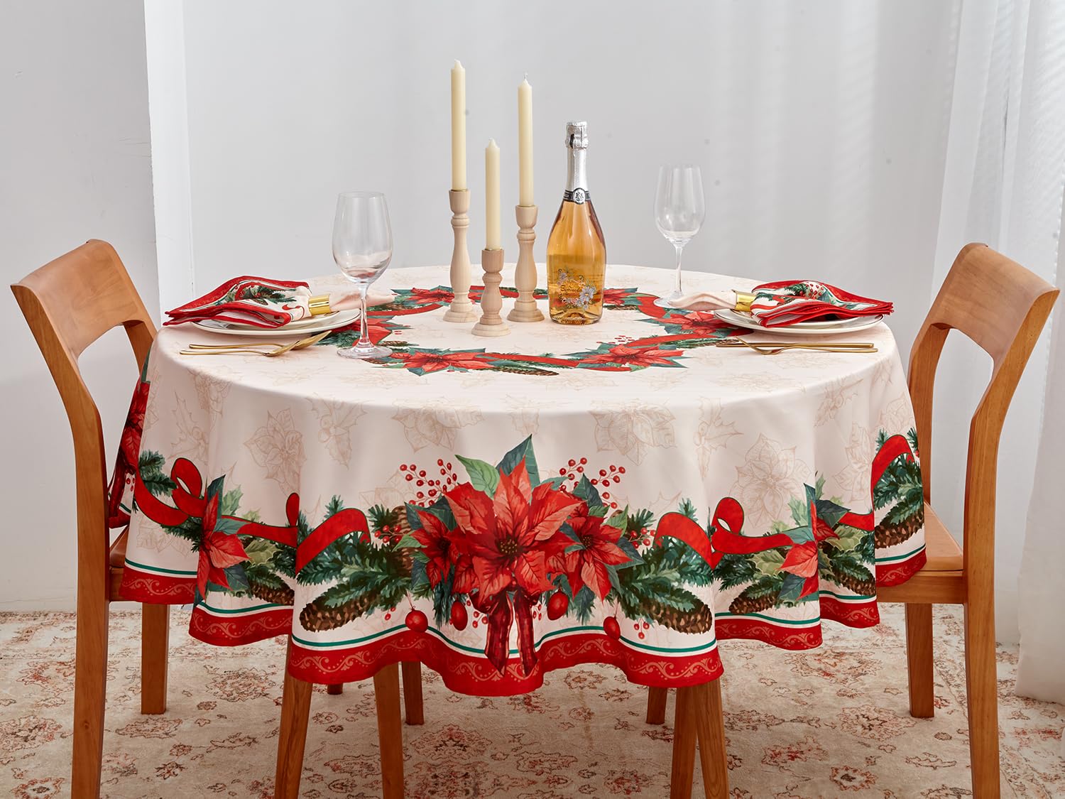 Mantel redondo YiHomer poinsettia, 70 pulgadas, perfecto para cenas de Navidad.