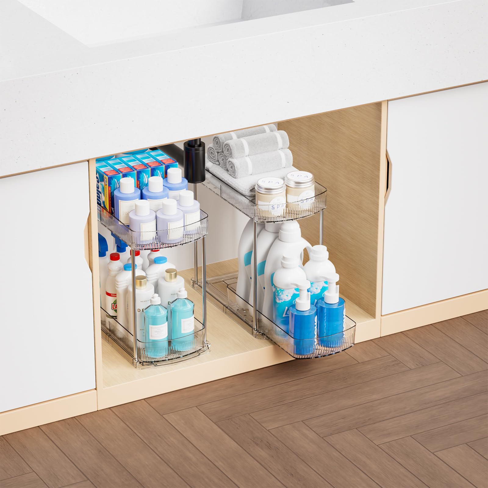 Almacenamiento eficiente con Yieach para botellas y perfumes.
