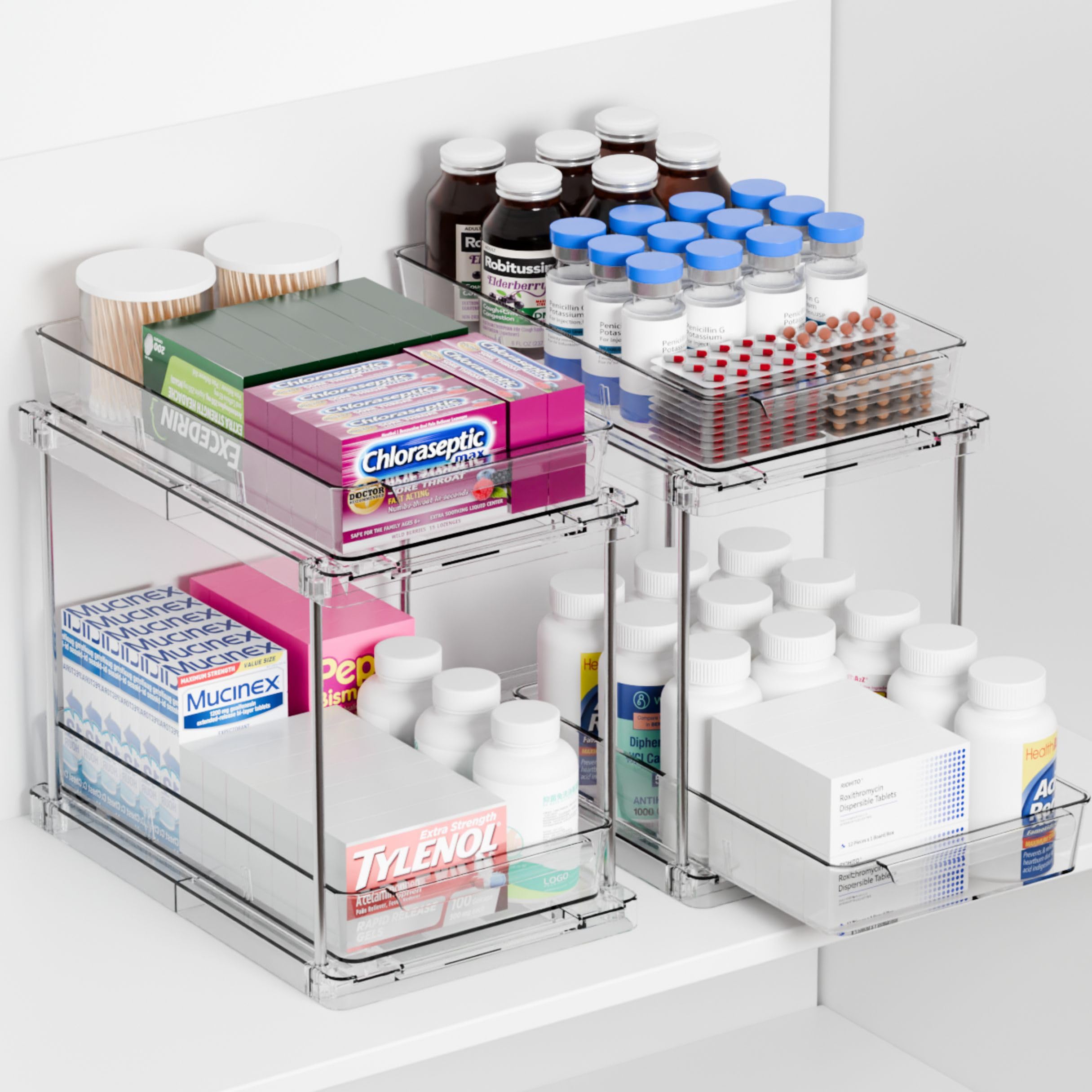 Yieach: organizador deslizante de dos niveles para gabinete, facilita el acceso a medicinas.