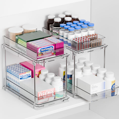 Yieach: organizador deslizante de dos niveles para gabinete, facilita el acceso a medicinas.