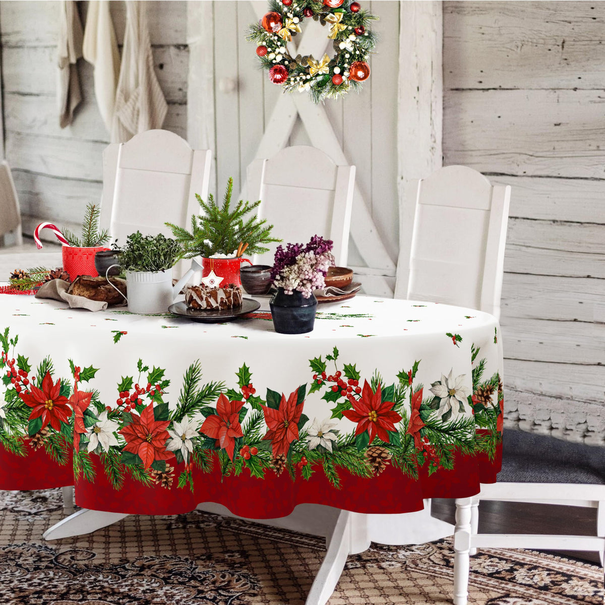 Mantel oval Yighty con flor de Pascua y acebo para mesa navideña elegante.
