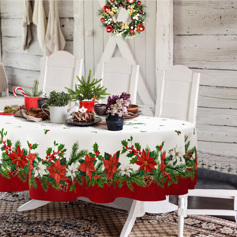 Mantel oval Yighty con flor de Pascua y acebo para mesa navideña elegante.