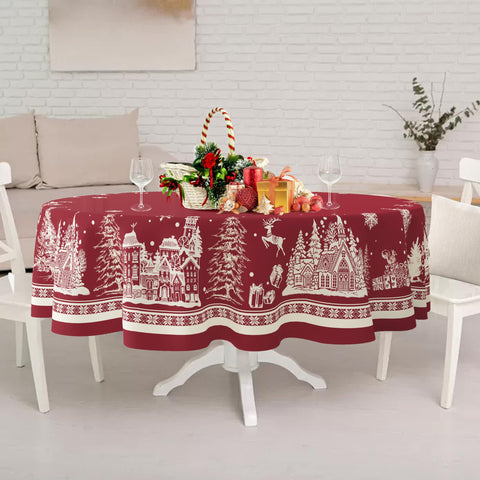 Mantel oval Yighty sobre mesa de comedor realzando la decoración navideña.