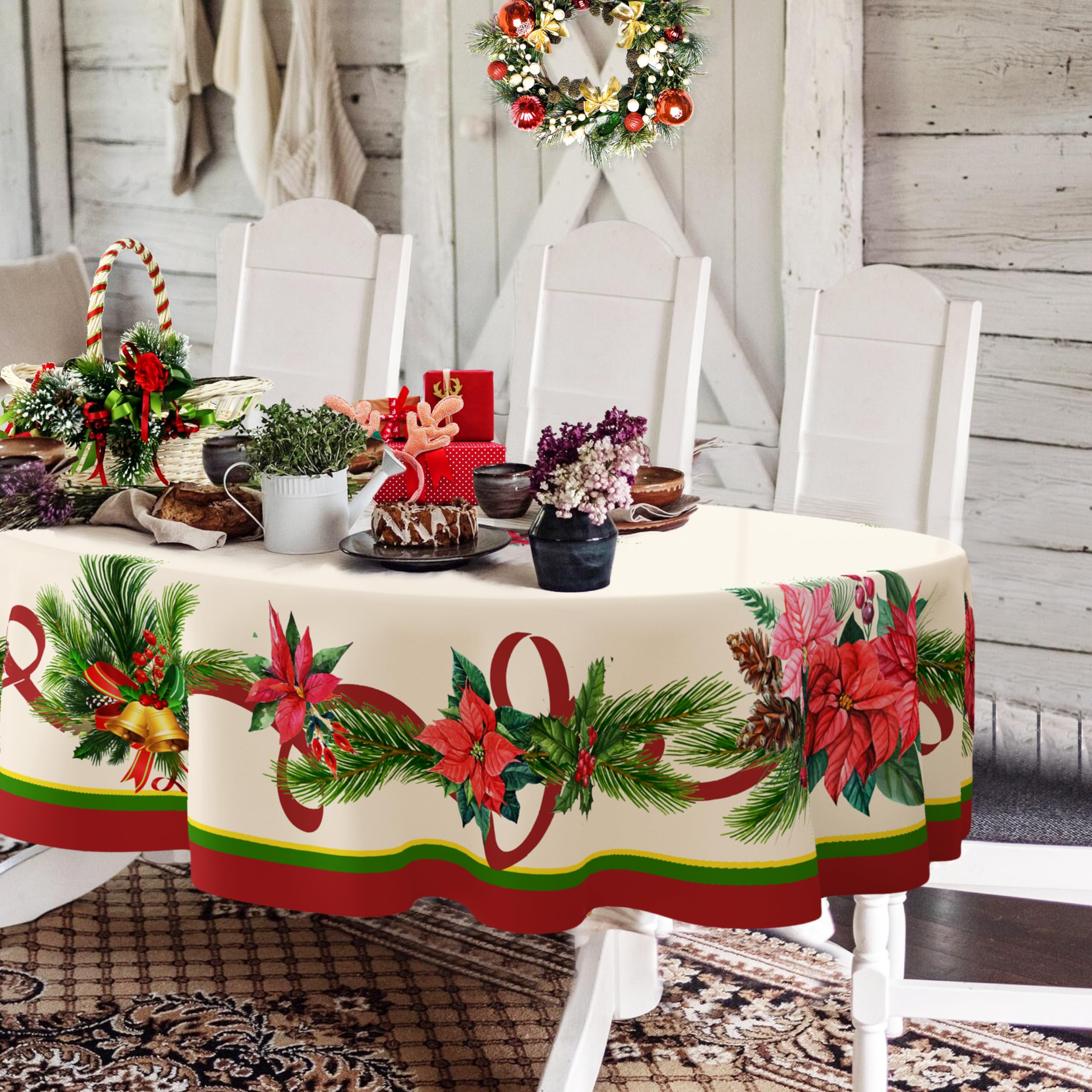 Mantel oval Yighty navidad con poinsettia y acebo para ambiente festivo