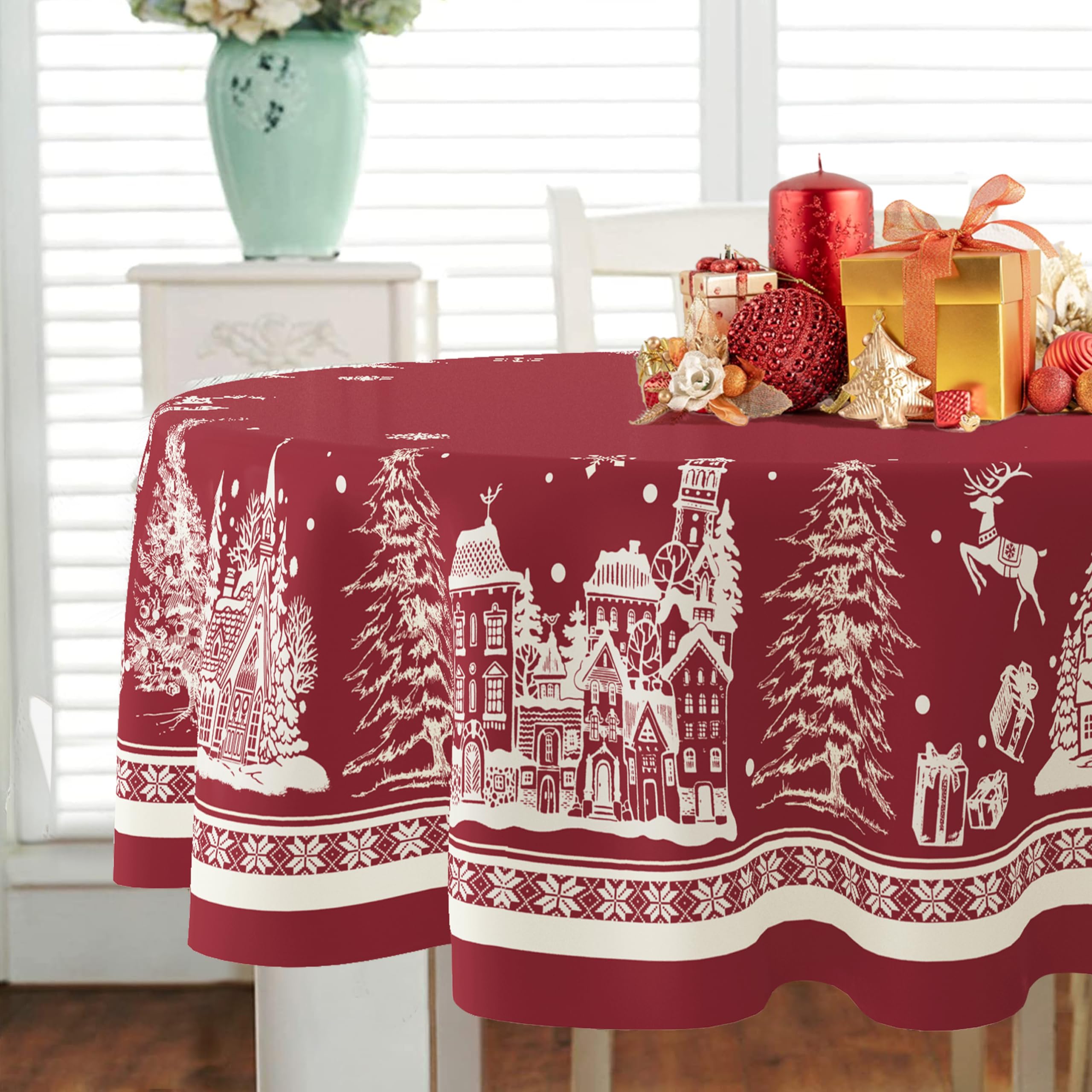 Mantel oval Yighty con renos en el bosque, ideal para cenas festivas.