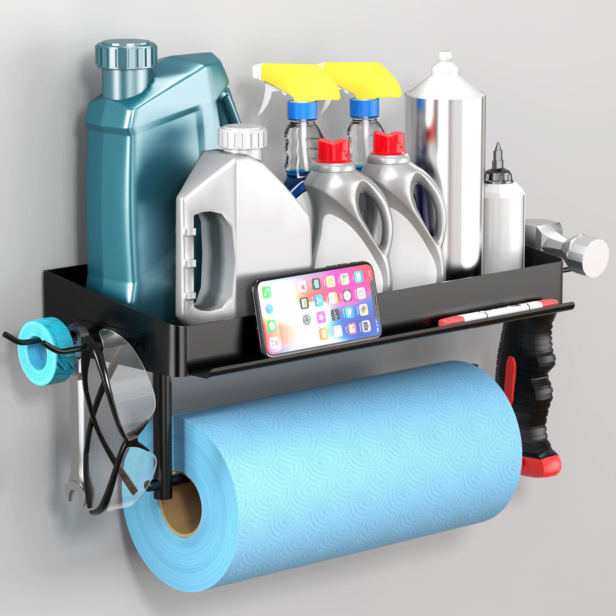YIGII porta-rollos de pared con estante y teléfono, ideal para garaje ordenado.
