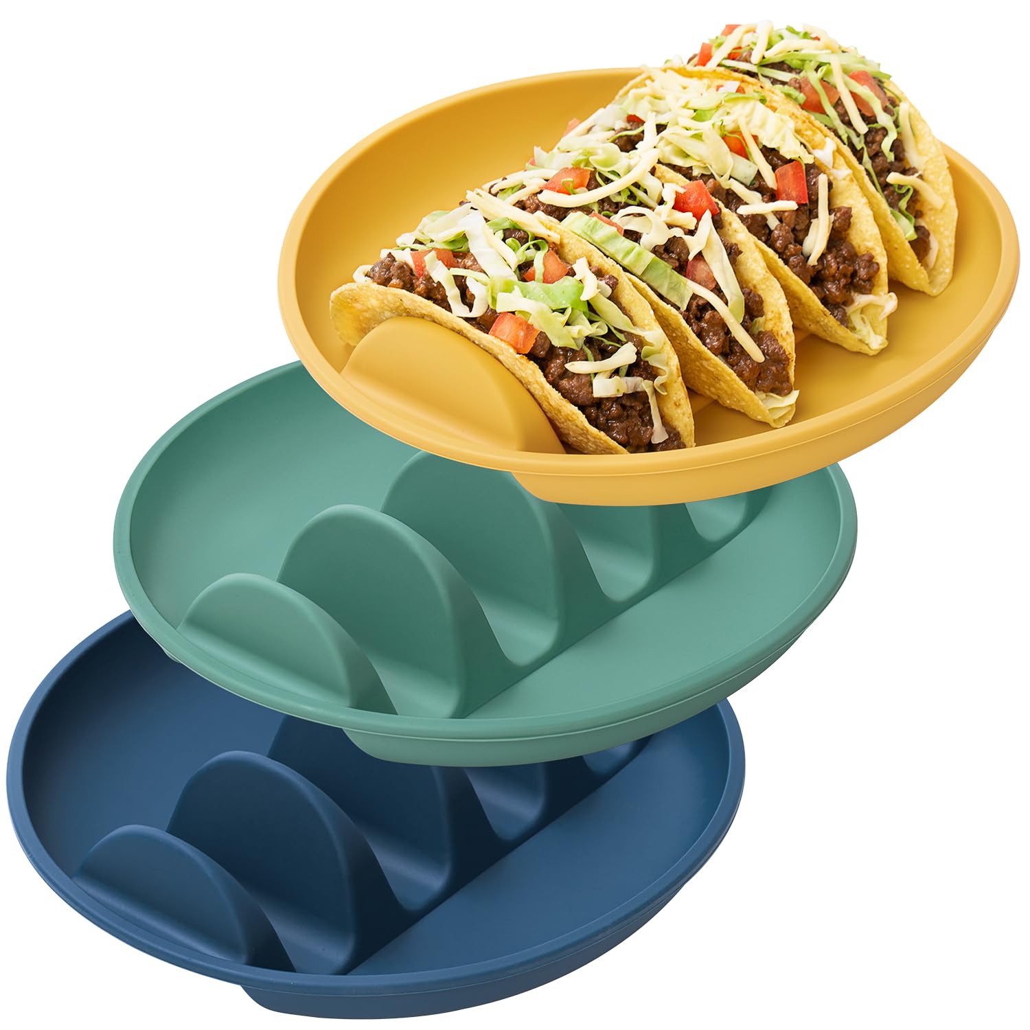 Platos de silicona YIIYOUNG para tacos de 3 unidades, mantienen los tacos estables y sin derrames.