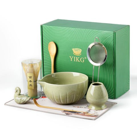 YIKG Kit de Matcha: tazón cerámico moteado verde para ceremonias de matcha.